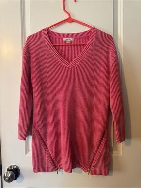 Tyler Boe Sweater thin cable knit Pink Cotton Gold Zippers V- neck sm‎